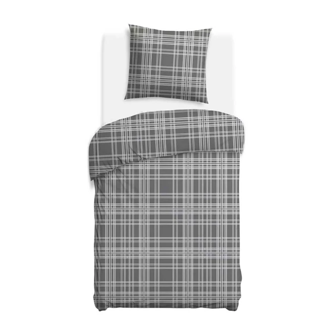 Pościel flanelowa 140x200 Manhattan Grey, szara w białą kratę, Flanelove