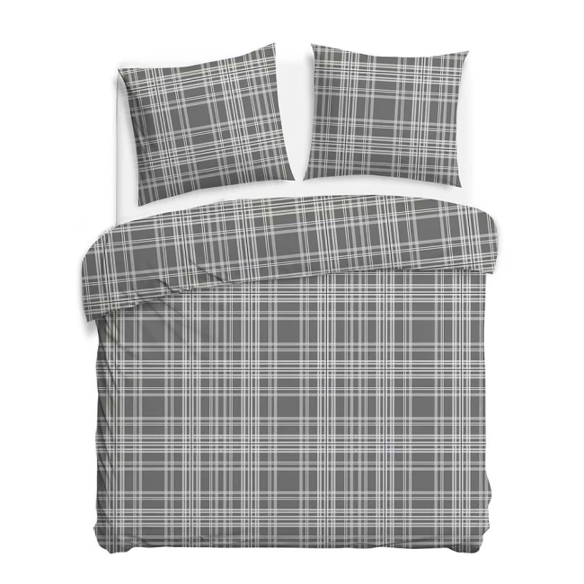Pościel flanelowa 160x200 Manhattan Grey, szara w białą kratę, Flanelove