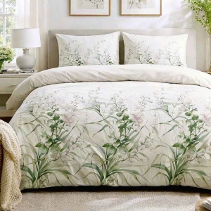 Pościel flanelowa 140x200 Selena Green, kremowa w zielone liście i kwiaty, Flanelove