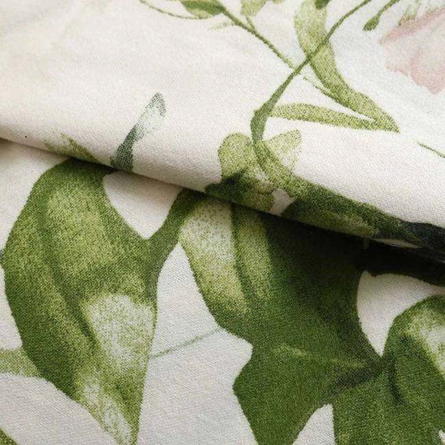Pościel flanelowa 140x200 Selena Green, kremowa w zielone liście i kwiaty, Flanelove