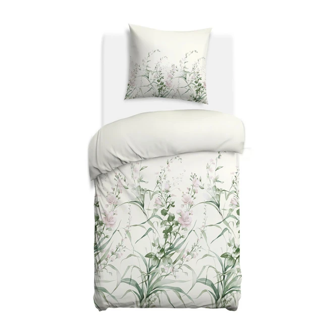 Pościel flanelowa 140x200 Selena Green, kremowa w zielone liście i kwiaty, Flanelove