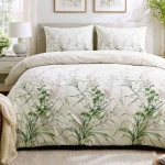 Pościel flanelowa 160x200 Selena Green, kremowa w zielone liście i kwiaty, Flanelove