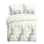 Pościel flanelowa 160x200 Selena Green, kremowa w zielone liście i kwiaty, Flanelove