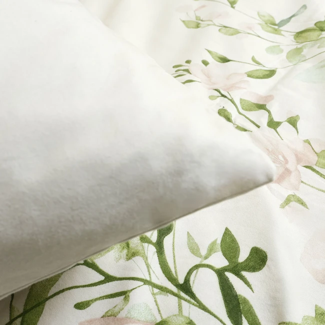 Pościel flanelowa 180x200 Selena Green, kremowa w zielone liście i kwiaty, Flanelove