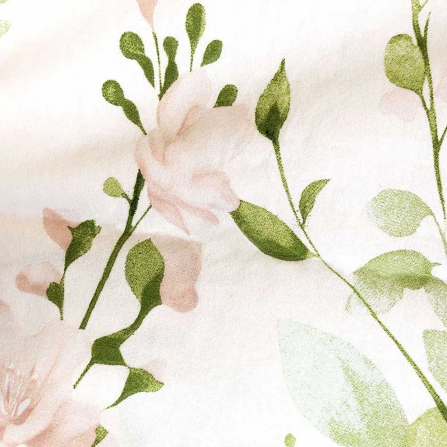 Pościel flanelowa 180x200 Selena Green, kremowa w zielone liście i kwiaty, Flanelove