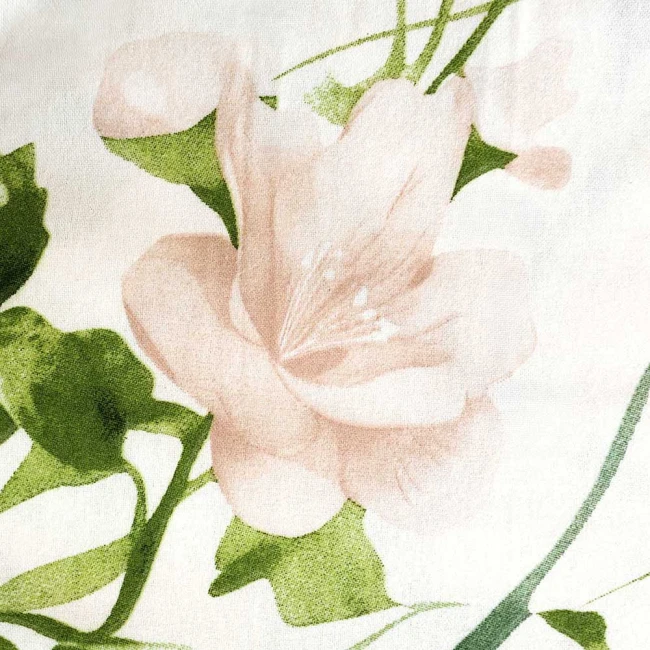 Pościel flanelowa 220x200 Selena Green, kremowa w zielone liście i kwiaty, Flanelove