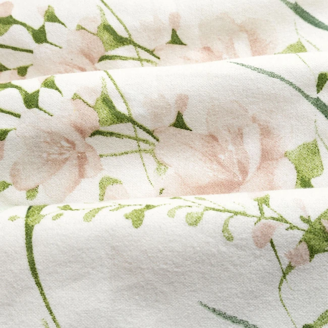 Pościel flanelowa 220x200 Selena Green, kremowa w zielone liście i kwiaty, Flanelove