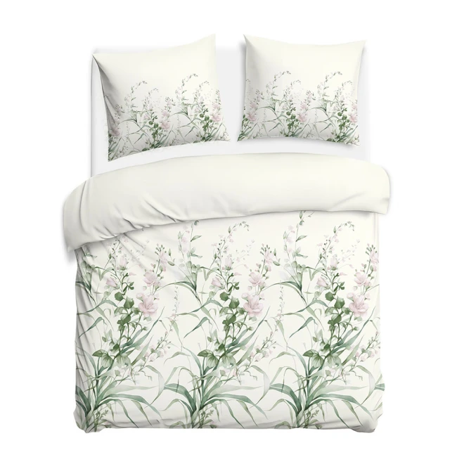 Pościel flanelowa 220x200 Selena Green, kremowa w zielone liście i kwiaty, Flanelove