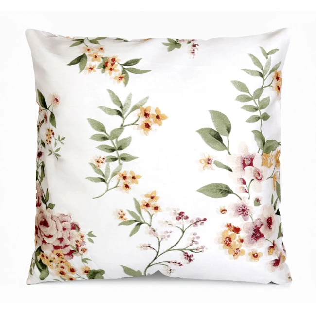  Poszewka satynowa 40x40 cm 100% bawełniana w kolorze białym w kolorowe kwiaty i liście 