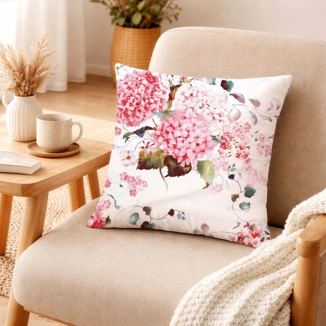 Poszewka flanelowa 40x40 Amelia Pink, biała w różowe kwiaty, Flanelove