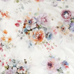 Pościel satyna bawełniana 160x200 Farya, biała śmietanka w kolorowe kwiaty, Luxury Premium