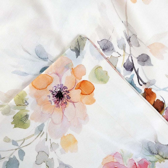 Pościel satyna bawełniana 160x200 Farya, biała śmietanka w kolorowe kwiaty, Luxury Premium