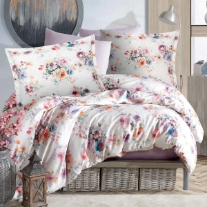 Pościel satyna bawełniana 220x200 Farya, biała śmietanka w kolorowe kwiaty, Luxury Premium