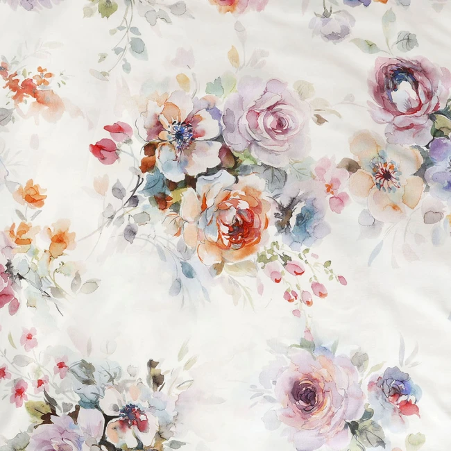 Pościel satyna bawełniana 220x200 Farya, biała śmietanka w kolorowe kwiaty, Luxury Premium