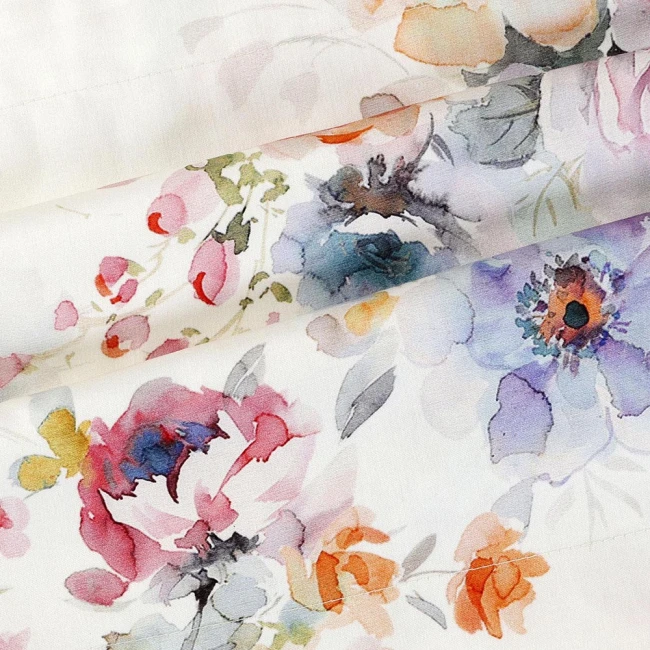 Pościel satyna bawełniana 220x200 Farya, biała śmietanka w kolorowe kwiaty, Luxury Premium
