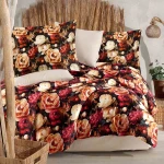 Pościel satyna bawełniana 160x200 Panera, czarna i czerwona w kolorowe kwiaty, Luxury Premium