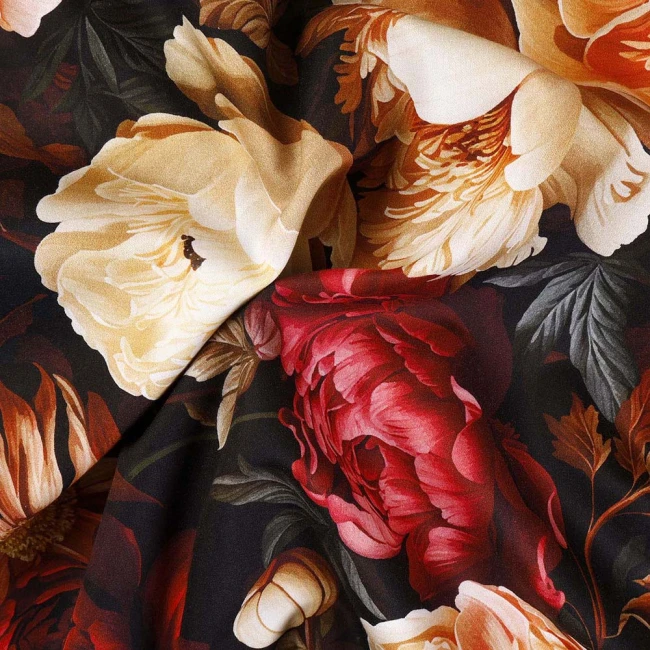 Pościel satyna bawełniana 160x200 Panera, czarna i czerwona w kolorowe kwiaty, Luxury Premium