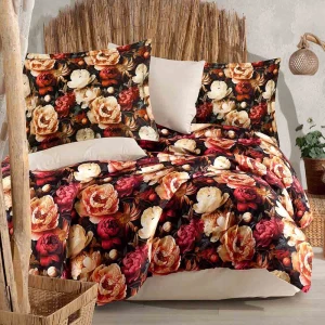 Pościel satyna bawełniana 220x200 Panera, czarna i czerwona w kolorowe kwiaty, Luxury Premium