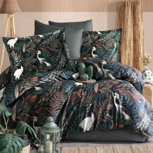 Pościel satyna bawełniana 160x200 Puerto, czarna w kolorowe kwiaty, liście i ptaki, Luxury Premium