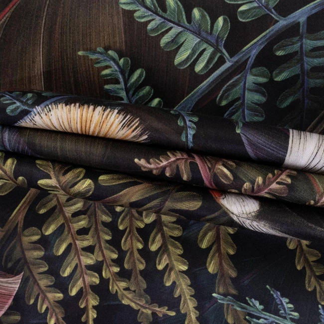 Pościel satyna bawełniana 160x200 Puerto, czarna w kolorowe kwiaty, liście i ptaki, Luxury Premium