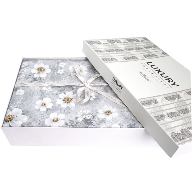 Pościel satyna bawełniana 220x200 Solara, szara w białe kwiaty, Luxury Premium