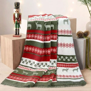Koc bawełniany 150x200 Christmas, świąteczny, w renifery, czerwony, zielony i biały