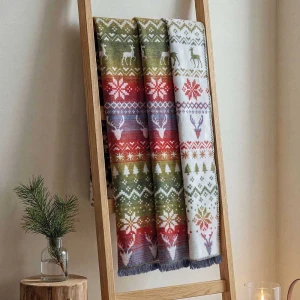 Koc bawełniany 150x200 Oslo, świąteczny, w renifery i choinki, czerwony, zielony i biały