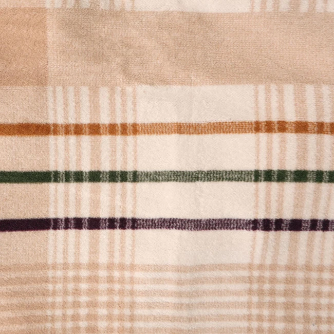 Koc bawełniany 150x200 Celine w jasną kratę i kolorowe pasy z frędzlami, beżowy i kremowy