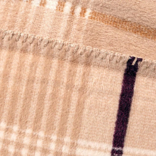 Koc bawełniany 150x200 Celine w jasną kratę i kolorowe pasy z frędzlami, beżowy i kremowy