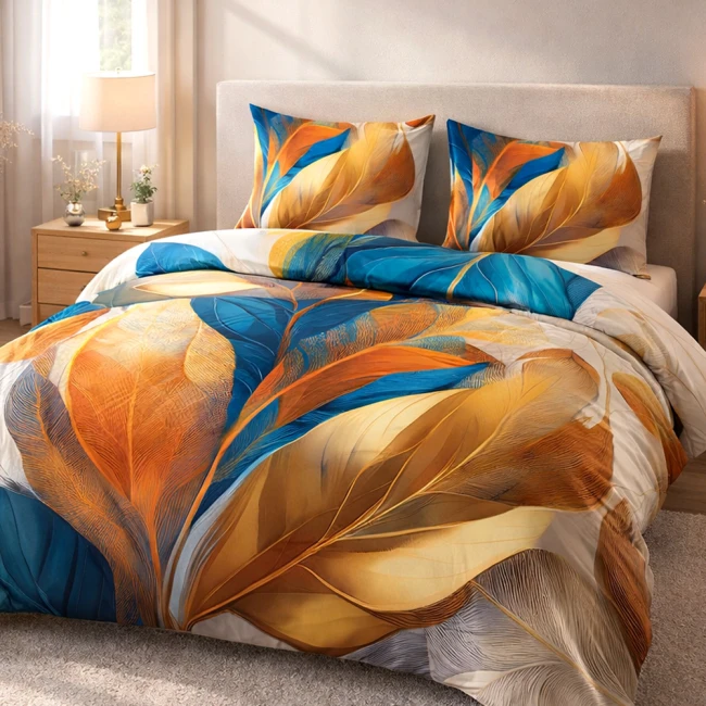  Piękna, delikatna pościel satynowa z 100% bawełny w rozmiarze 220x200 cm w oryginalny wzór złotych, pomarańczowych i niebieskich liści 