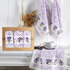 Komplet ręczników kuchennych bawełnianych 3x 40x60 cm, białe i fioletowe, lawenda