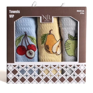 Komplet ręczników kuchennych bawełnianych 3x 40x60 cm, niebieski, żółty i zielony, owoce