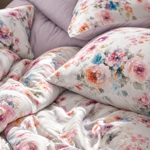 Pościel satyna bawełniana 220x200 Farya, biała śmietanka w kolorowe kwiaty, Luxury Premium