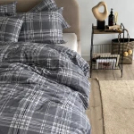 Pościel flanelowa 140x200 Manhattan Grey, szara w białą kratę, Flanelove