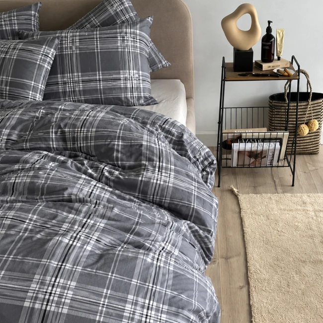 Pościel flanelowa 140x200 Manhattan Grey, szara w białą kratę, Flanelove