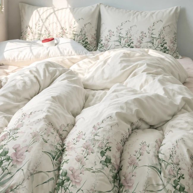 Pościel flanelowa 180x200 Selena Green, kremowa w zielone liście i kwiaty, Flanelove