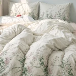 Pościel flanelowa 160x200 Selena Green, kremowa w zielone liście i kwiaty, Flanelove