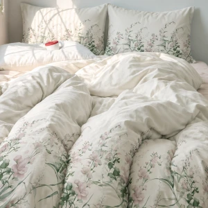 Pościel flanelowa 220x200 Selena Green, kremowa w zielone liście i kwiaty, Flanelove
