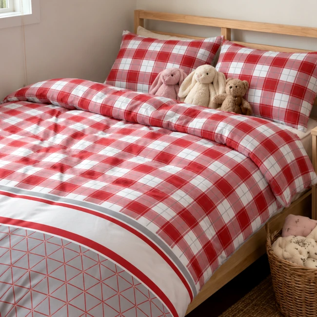 Pościel flanelowa 140x200 Skandia Red, czerwona w białą kratę, Flanelove