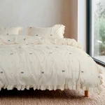 Pościel bawełniana 220x200 Med Cream kremowa w kokardki z falbanką, Ribbon