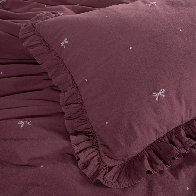 Pościel bawełniana 220x200 Raspberry malinowa, czerwona w kokardki z falbanką, Ribbon