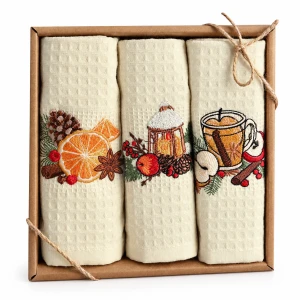 Komplet świątecznych ręczników kuchennych bawełnianych 3x 40x60 cm, kremowy