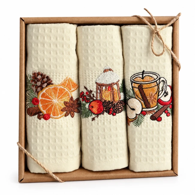  Komplet 3 ręczników kuchennych waflowych 40x60 cm w kolorze ecru, z haftami pomarańczy, latarni i zimowego napoju 