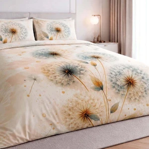 Pościel satyna bawełniana 140x200 Zefir kremowa w złote i szare dmuchawce, Satynlove Premium