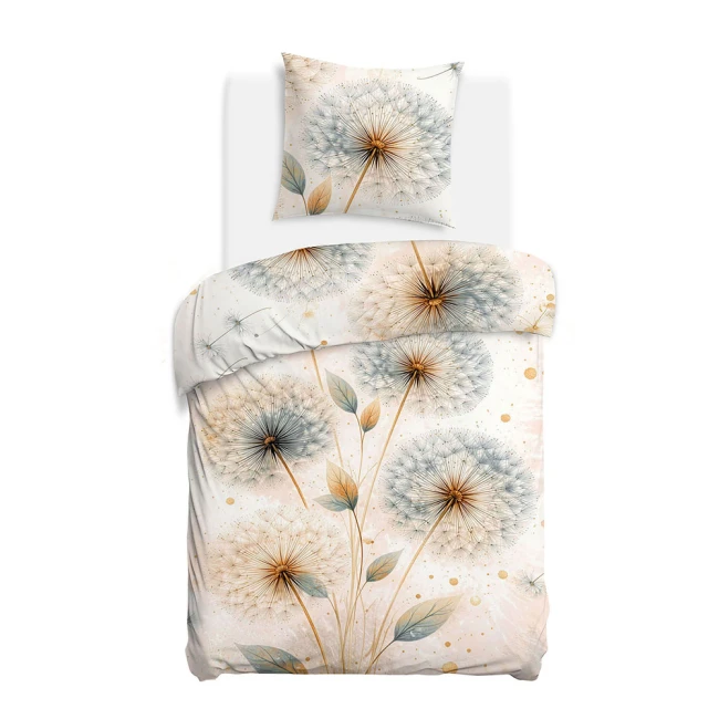 Pościel satyna bawełniana 140x200 Zefir kremowa w złote i szare dmuchawce, Satynlove Premium