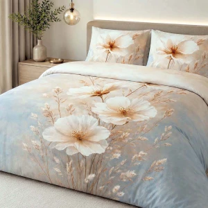 Pościel satyna bawełniana 220x200 Maribel kremowa i szara w kwiaty, Satynlove Premium