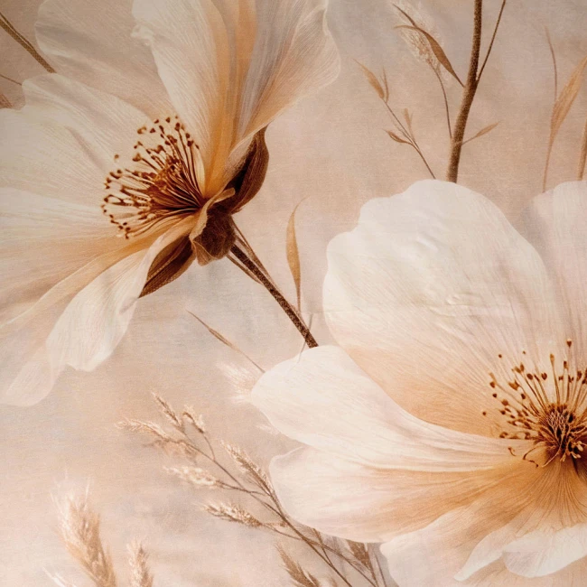 Pościel satyna bawełniana 220x200 Maribel kremowa i szara w kwiaty, Satynlove Premium