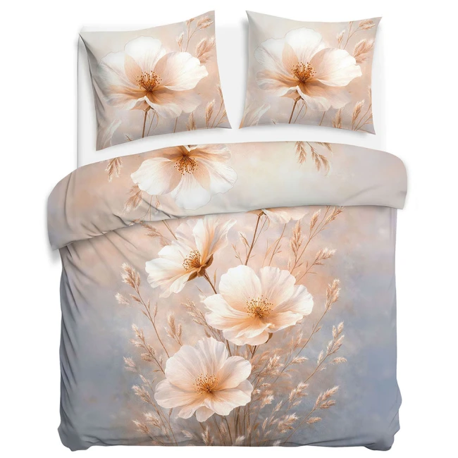 Pościel satyna bawełniana 220x200 Maribel kremowa i szara w kwiaty, Satynlove Premium