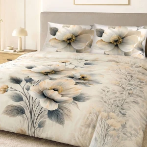 Pościel satyna bawełniana 140x200 Estelle kremowa w kwiaty i szare liście, Satynlove Premium