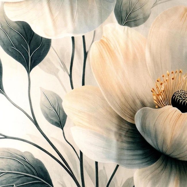 Pościel satyna bawełniana 140x200 Estelle kremowa w kwiaty i szare liście, Satynlove Premium